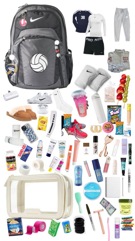 Sports Bag Essentials, Club Volleyball, Volleyball Accessories, Volleyball Tryouts, School Backpack Essentials, Volleyball Bag, Volleyball Tournaments, Cheer Workouts, Volleyball Inspiration