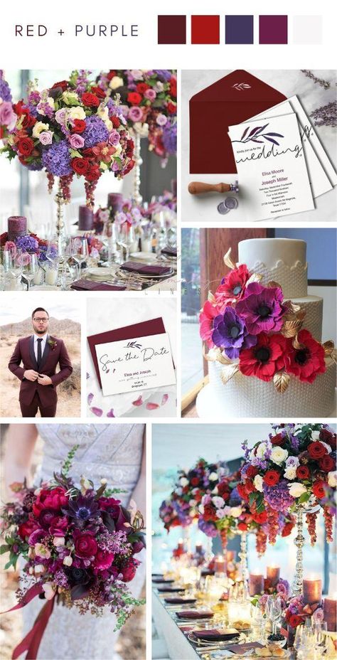 ❤️💜20 Red and Purple Wedding Color Ideas 2023 Red And Purple Winter Wedding, Purple Red And Silver Wedding, Red White And Purple Wedding, Red Violet Wedding Theme, Purple Red Gold Wedding, Blue Purple Scarlet Wedding, Red And Dark Purple Wedding, Red Purple Wedding Decorations, Wedding Ideas Red And Purple