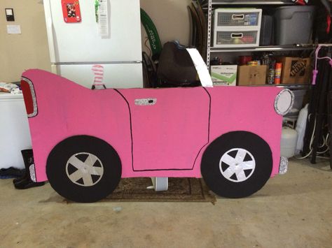 Barbie Car Cutout, Diy Barbie Cardboard Car, Barbie Cardboard Box Car, Engagement Committee, Barbie Corvette, Golf Cart Decorations, Halloween Golf, Cardboard Box Car, Car Costume