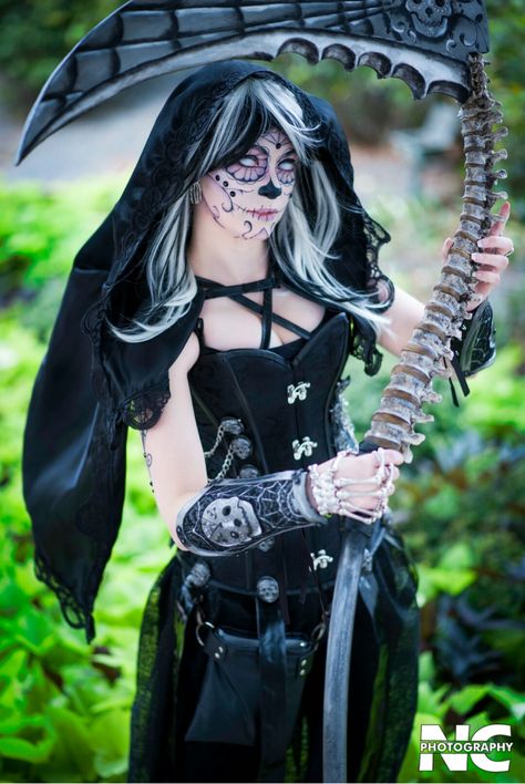 Sugar skull grim reaper female Halloween costume Female Reaper Costume, Spirit Of Halloween Costumes, Reaper Costume Women, Female Grim Reaper Costume, Grim Reaper Halloween Costume Women, Grimm Reaper Costume Women, Grim Reaper Costume Female, Grim Reaper Costume Women, Grim Reaper Costume Ideas