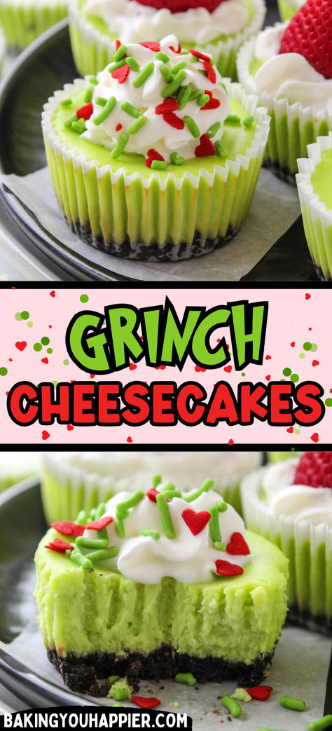 Grinch Mini Cheesecakes, impress all of the Who’s at your Christmas party with these fun & festive little neon green cheesecakes! Grinch No Bake Cheesecake, Mini Candy Cane Cheesecake, St Patricks Day Cheesecake Recipes, Holiday Mini Cheesecake Recipes, Sugar Cookie Mini Cheesecakes, Christmas Grinch Desserts, Christmas Cheesecake Mini, Christmas Cheesecake Cupcakes, Mini Holiday Cakes