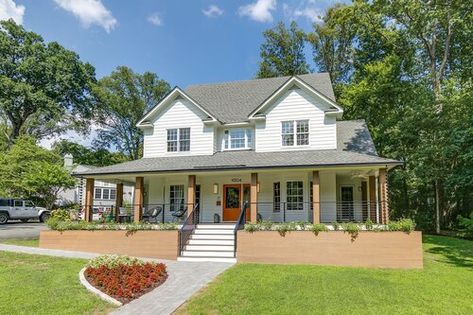 Front Porch Face Lift — RIC design build Raised Front Porch Landscaping, Brick Front Porch Makeover, Raised Front Porch, Porch Beams, Brick House Exterior Makeover, Front Porch Landscape, Cape Cod Style Home, Front Porch Remodel, Front Porch Railings