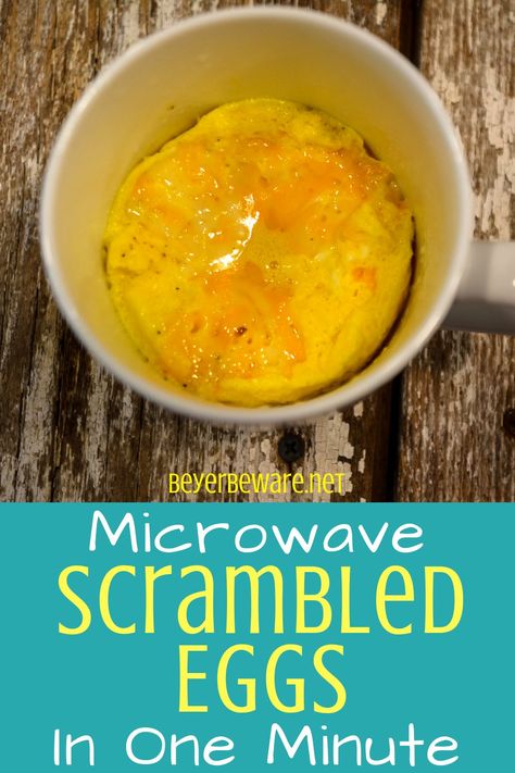 Microwave scrambled eggs in 1 minute is a perfect protein based breakfast for people needing a breakfast quick and on-the-go. Drop the eggs in a coffee mug and cook them in the mug to take with you when you leave to eat on the run. #Breakfast #QuickBreakfastIdeas #Eggs #microwave #Protein #LowCarb #Keto Mug Eggs Microwave, Cook Egg In Microwave, Egg In Microwave, Eggs Microwave, Microwave Foods, Microwave Scrambled Eggs, Easy Scrambled Eggs, Microwave Mug Recipes, Cup Recipes