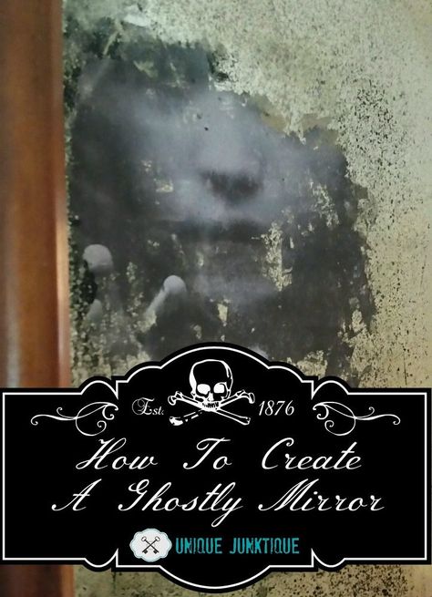 A quick tutorial on how to create an authentic looking ghostly mirror Creating… Spook House Ideas, Vampire In Brooklyn, Spook Houses, Antique Mirror Diy, Halloween Mirror, Autumn Doodles, Outdoor Shower Diy, Craft Halloween, Mirror Frame Diy