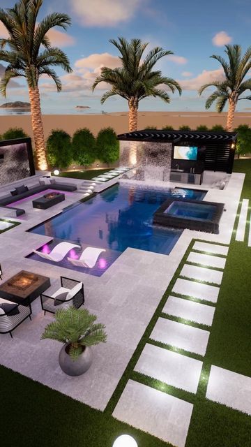 Cute Backyard Ideas With Pool, Contemporary Pool Design Backyard, Backyard Luxury Design, Landscape Pool Design, Pool Design Ideas Backyards, Modern Pool Backyard Design, Swimming Pools Backyard Landscape Ideas, Backyard Inspo Patio With Pool, Backyard Goals Luxury