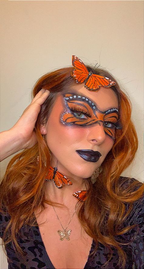 Monarch Butterfly Makeup Halloween, Monarch Butterfly Face Paint, Monarch Makeup, Monarch Butterfly Makeup, Butterfly Face Paint, Butterfly Makeup, Butterfly Face, Sugar Skull Makeup, Black Lipstick