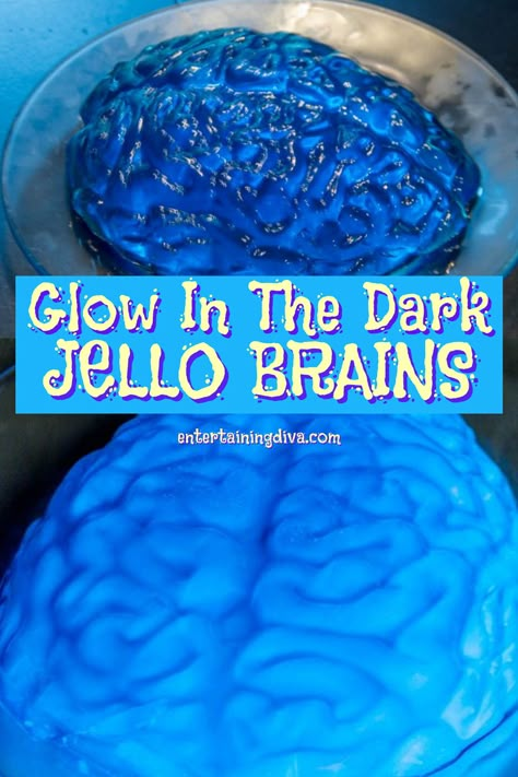 An easy and fun way to add spookiness to your Halloween table is to make jello in a brain-shaped mold. And making it glow in the dark (with a black light) is even more fun. Here’s how to make this awesome Halloween party recipe! Jello Brains Halloween, Brain Mold Halloween, Halloween Themed Party Dips, Cool Jello Ideas, Jello Halloween Ideas For Kids, Halloween Cotton Candy Ideas, Monster Donuts For Halloween, Halloween Jello Ideas, Halloween Party Ideas Scary