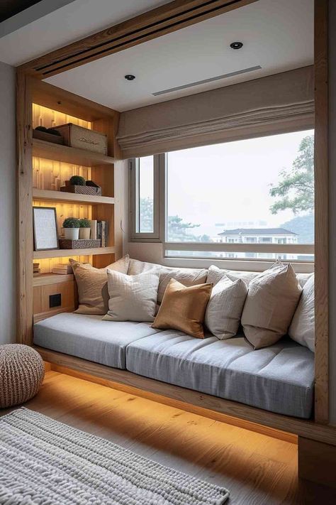 Nook Bedroom Ideas, Bedroom Nook Ideas, Cozy Window, Japanese Style Bedroom, Cozy Window Seat, Bed Nook, Window Nook, Reading Corners, Bedroom Nook