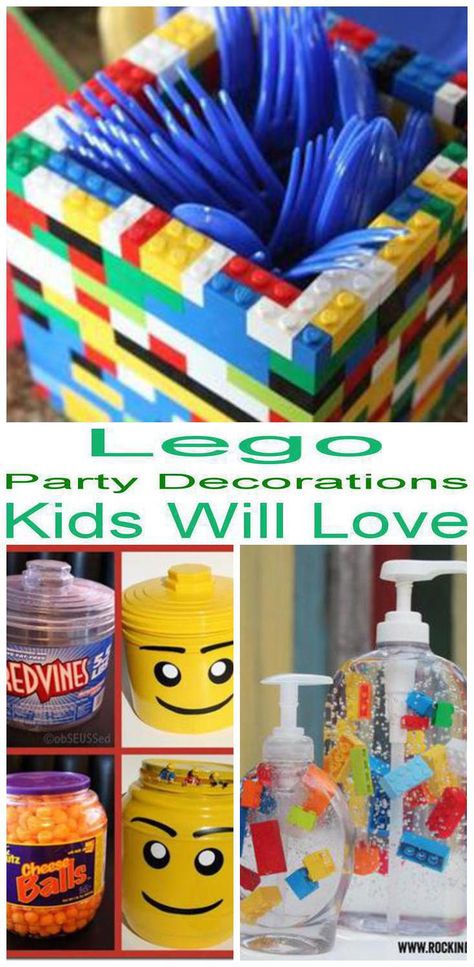 Lego Table Decorations, Diy Lego Party Ideas, Lego Party Centerpieces Ideas, Adult Lego Party, Lego Themed Food, Lego Party Food Ideas, Lego Party Snacks, Lego Party Table Decor, Lego Games For Kids Party