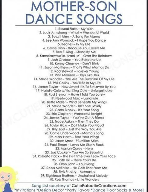 FREE Printable List of Top 40 Mother Son Dance Songs for Bar Mitzvah and Weddings by Cutie Patootie Creations. SHOP  #WeddingIdeas Bride And Son Dance Songs, Special Dances At Wedding Receptions, Bridal Party Dance Songs, Grand March Songs Wedding, Son Mother Dance Songs, Son Of Bride Wedding Ideas, Songs For Sons From Mother, Mother Dance Songs Wedding, Dancing Songs For Wedding