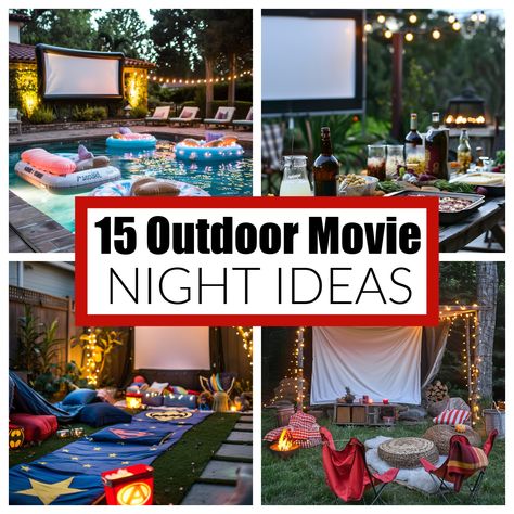 The best guide to an outdoor movie night. A collection of fun outdoor movie night ideas. I have gathered ideas for your next outdoor movie night. Outdoor move themes that you can have in your backyard. Outdoor Backyard Movie Night, Camp Out Movie Night, Easy Outdoor Movie Night, Movie Theater Outside Ideas, Diy Backyard Movie Night Ideas, Movie On The Lawn Ideas, Backyard Movie Night Food Ideas, Outdoor Family Movie Night, Kids Outdoor Movie Night Party Seating