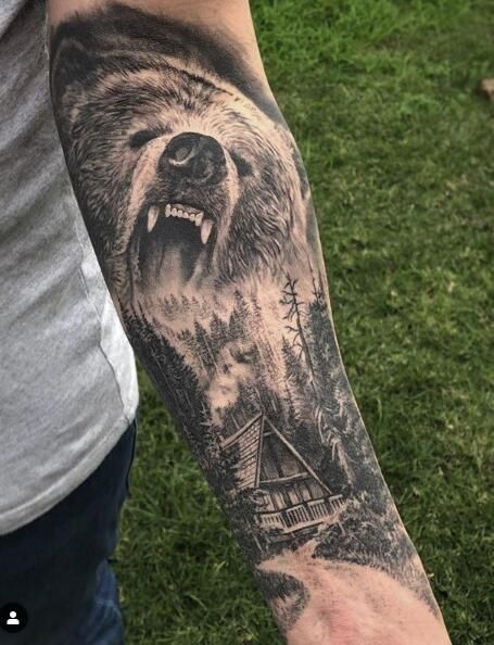 Bear Forearm Tattoo, Bear Tattoos For Men, Cool Animal Tattoos, Grizzly Bear Tattoos, Elk Tattoo, Forearm Cover Up Tattoos, Outdoor Tattoo, Moose Tattoo, Tattoo Homme