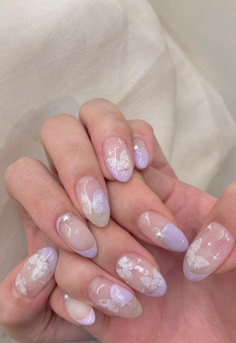 Korean Nail Ideas, Purple Nails Butterfly, Nail Ideas Korean, Cute Nails Purple, Nail Designs Korean, Short Korean Nails, Korean Nail Art Aesthetic, Design Nails 2023, Korean Jelly Nails