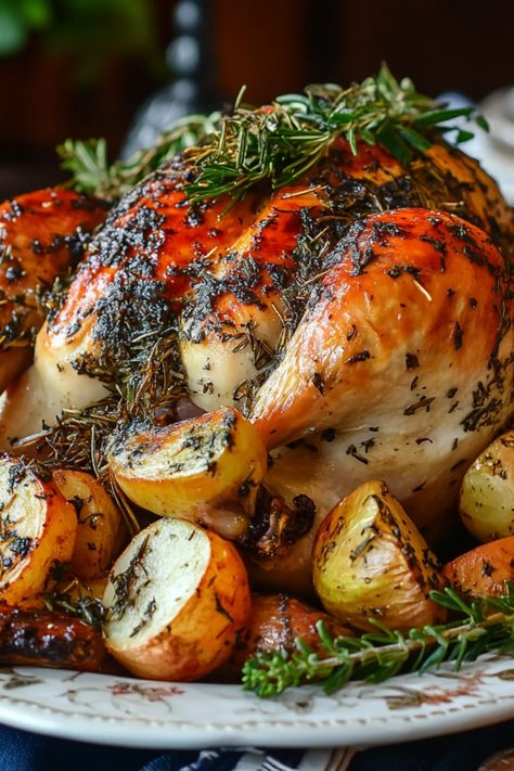 A beautifully roasted garlic and herb butter turkey sits on a festive holiday table. This recipe creates a juicy and flavorful dish, perfect for Thanksgiving or Christmas gatherings. Turkey Christmas Recipes, Garlic Herb Butter Turkey, Herbed Butter For Turkey, Herb Butter Turkey, Christmas Turkey Dinner, Garlic And Herb Butter, Butter Turkey, Butter Herb, Leaf Turkey