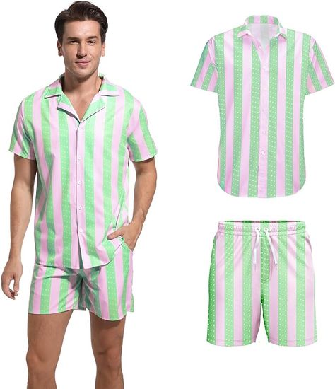 95% Polyester, 5% Spandex Button closure Hand Wash Only Product Type: Ken Costume Adult Men Casual Striped Shirt and Short Doll Movie 2023 Ken Cosplay for Halloween Party Package Include: 1*Shirt, 1*Shorts. Doll Ken Halloween Costume Beach Clothes. Material: Men's Casual Striped Shirt and Short was made 65% Cotton, 35% Polyester, it’s flowy and comfy which is a good choice for summer wardrobe. Beach Costumes, Ken Costume, 80s Workout Costume, Cosplay For Halloween, Beach Costume, Casual Striped Shirt, Beach Outfit Men, Themed Halloween Costumes, Mens Shorts Outfits