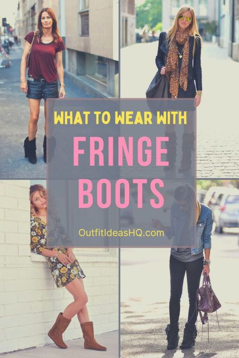 With fringe boots, there’s just one rule: DO NOT OVERDO. As the boots alone are flamboyant enough, the trick is to wear them with simple and basic outfits and accessories. Outfits With Fringe Boots, How To Style Fringe Boots, Tall Fringe Boots Outfit, What To Wear With Fringe Boots, Fringe Boots Outfit Fall, Boots With Fringe Outfit, Black Fringe Boots Outfit, Fringe Ankle Boots Outfit, Brown Fringe Boots Outfit