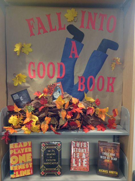 Fall Into Reading Bulletin Board Ideas, Fall Into A Good Book Library Display, Fall Reading Door Decorations, Book Fair Fall Theme, September Book Displays Library, Leaf Through A Good Book Bulletin Board, Fall Book Fair Ideas, Fall Into Books Bulletin Board, Fall Themed Library Bulletin Boards