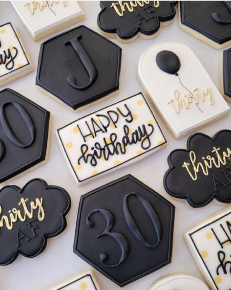 30 Mens Birthday Party, Black And Gold 30th Birthday Cookies, 30th Bday Cookies Women, Classy 30th Birthday Party For Men, Rip 30s Cookies, 30th Bday Cookies For Men, 30th Cookies For Men, 30th Bday Decorations Men, 30th Birthday Ideas For Men Halloween