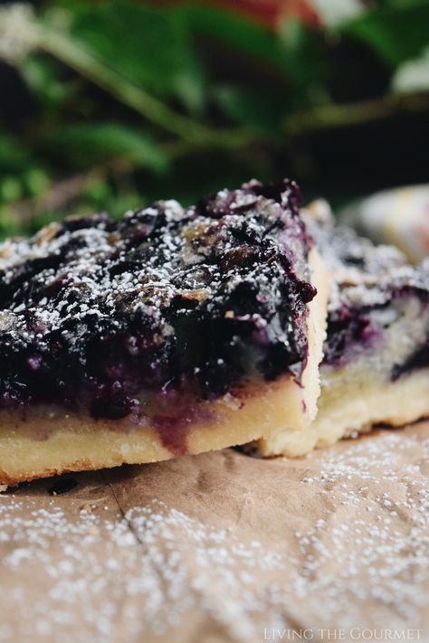 Blueberry Shortbread Bars - Living The Gourmet Blueberry Pie Squares Recipe, Blueberry Shortbread Bars, Maine Blueberry Recipes, Blueberry Preserves Desserts, Blueberry Crumble Squares, Blueberry Slab Pie, Shortbread Bars Recipes, Blueberry Pie Bars, Blueberry Bars