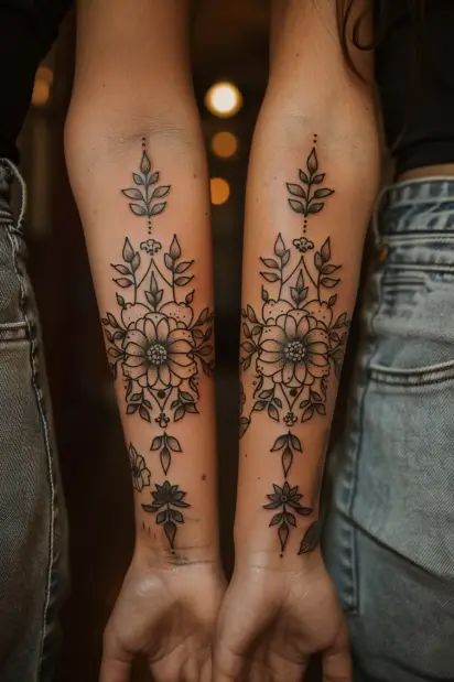 Sisters share a unique bond that lasts a lifetime. What better way to celebrate this connection than with matching tattoos? In this article, you'll find a variety of sister tattoo ideas. Each design reflects the love and memories you share. Whether you prefer something simple or intricate, there's a perfect tattoo for you and your sister. Let's explore some beautiful and meaningful designs. Mandala Floral Forearm Tattoos These tattoos feature intricate mandala floral designs, each placed on ... Non Matching Best Friend Tattoos, Matching Tattoo Ideas For Sisters, In Loving Memory Tattoos Best Friends, Soul Sister Tattoos Bff, Unique Forearm Tattoos For Women, Sister Tattoos Meaningful, Twin Tattoos Sisters, Matching Mom Daughter Tattoos, Best Friends Tattoo Ideas