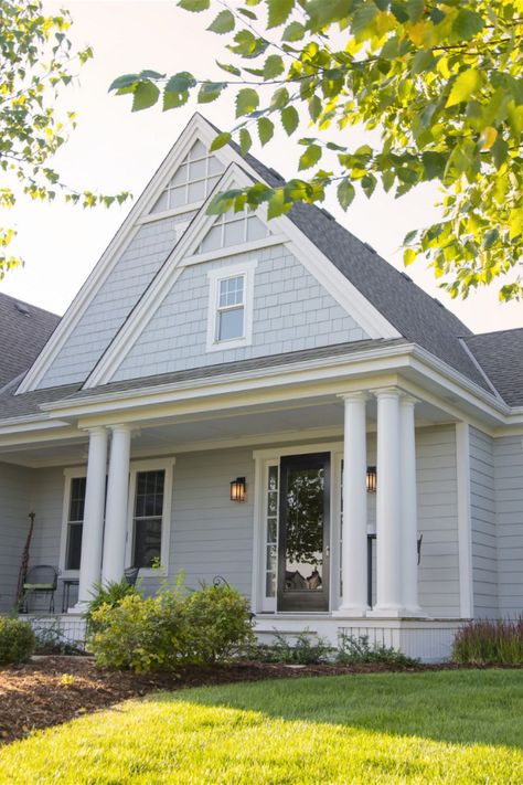 Light Blue House White Trim, Light Gray Hardie Board Siding, James Hardie Dream Collection Colors, James Hardie Artic White Siding, Grey Beach House Exterior, Light Mist James Hardie, Gray Shingle House, Shingle Siding Accent, Light Mist Hardie Siding