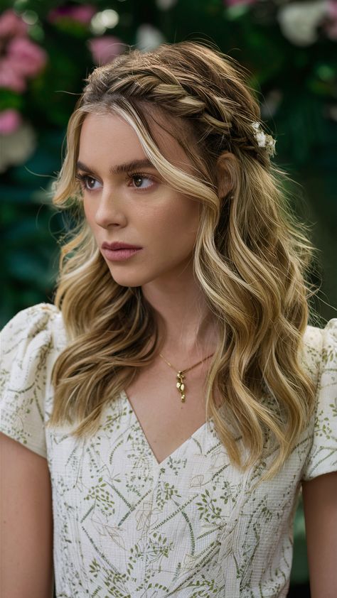 The half-up braided crown combines elegance and practicality. This hairstyle features two braids forming a crown while leaving the rest of the hair flowing naturally. Ideal for medium length hair, it works well for school kids, work, or casual outings. It looks particularly stunning on curly hair or wavy hair textures. Plait Crown Half Up, Prom Hairstyles Braid Crown, Half Braided Wedding Hair, Crown Braid Hair Down, Halo Braid Half Up Half Down, Side Braid Hairstyles Medium Hair, Bridesmaid Hairstyles Layered Hair, Waterfall Crown Braid, Half Up Braid Hairstyle