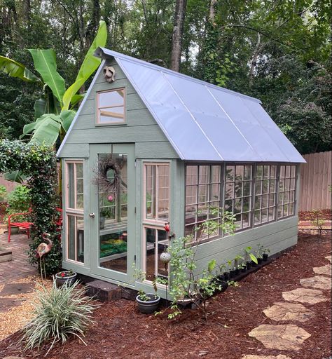 Cottage Greenhouse Ideas, Turning Shed Into Greenhouse, Simple Green House Ideas, She Shed With Greenhouse, Green House With Old Windows, Greenhouse Colors, She Shed Greenhouse Ideas, Small Green House Ideas, Greenhouse In Garden