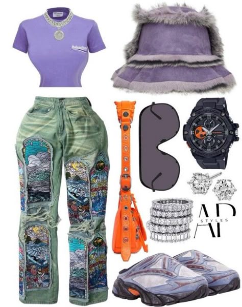 Designer Baddie Outfits, Orange Corset Outfit, Purple And Green Outfit, Purple Outfits Black Women, Plus Size Baddie Outfits, Fasion Outfits, Stylish Summer Outfits, Tomboy Style Outfits, Swag Outfits For Girls