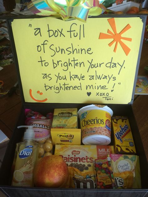 A box full of sunshine!                                                                                                                                                                                 More Box Full Of Sunshine Ideas, Basket Of Sunshine Ideas, Sunshine Box Ideas, Gift Box For Sister, Diy Christmas Gifts For Mom, A Box Of Sunshine, Sunshine Box, Birthday Care Packages, Citrus Soap