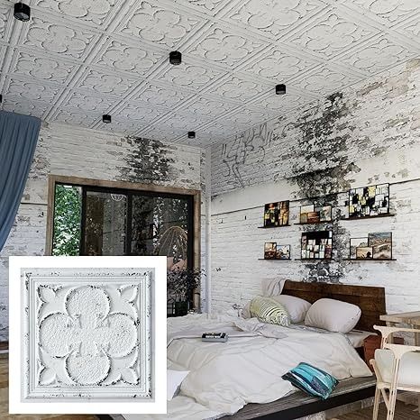 Ceiling Tile Faux Tin Painted,Decorative Wall Panels,Lay-in or Glue-up,24 x24in,(10-pack,40 sq.ft) for Cafe Pub Club PL35 Distress crack white black 10Piece : Amazon.co.uk: DIY & Tools Embossed Ceiling Tiles, Suspended Ceiling Tiles, Plastic Wall Panels, Fancy Tile, Faux Tin Ceiling, Faux Tin Ceiling Tiles, Decorative Ceiling Tile, Faux Tin, Tin Tiles