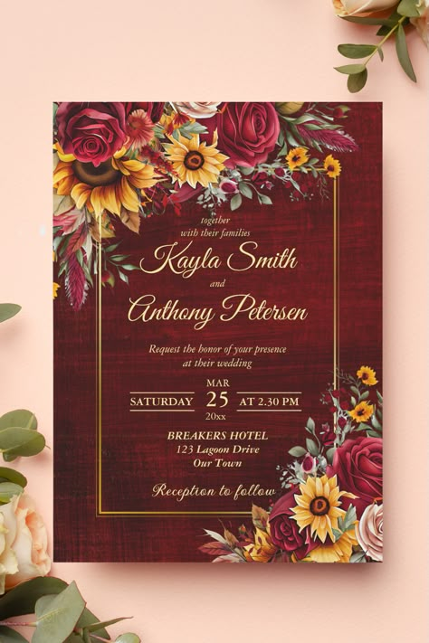 Fall wedding burgundy roses yellow sunflowers invitation template instant download Fall Wedding Sunflowers And Roses, Yellow And Burgundy, Sunflower And Roses Wedding Invitations, Wine Red And Sunflower Wedding, Fall Wedding Sunflowers Burgundy, Burgandy Sunflowers Wedding, Red And Yellow Wedding Invitations, Maroon Sunflower Wedding, Rose Sunflower Wedding