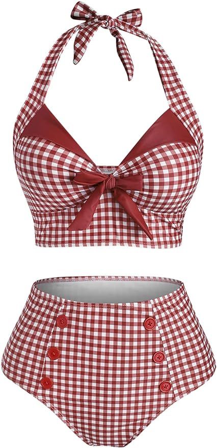 Amazon.com: DRESSFO Women's Bikini Set Halter Two Piece High Waisted Swimsuit Plaid Retro Tummy Control Tankini Bathing Suit : Clothing, Shoes & Jewelry Pinup Bathing Suit, High Waisted Swimsuit, Bathing Suit Styles, Suit Clothing, Vintage Bathing Suits, Pin Up Outfits, Vintage Swimsuit, Cute Bathing Suits, 2 Piece Swimsuits