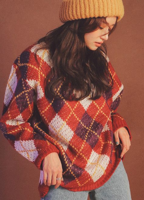 [STYLENANDA] ARGYLE PATTERN EXTENDED SLEEVE SWEATER Knit Trends, Argyle Sweaters, Fashion Terminology, Knitwear Inspiration, Argyle Pattern, Korean Clothing, Loose Knit Sweaters, Tumblr Fashion, Argyle Sweater