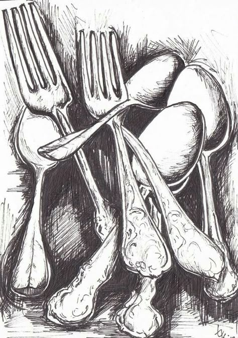 Cutlery Kitchen Objects Art, Drawings Of Everyday Objects, Teaspoon Drawing, Spoons Drawing, Cutlery Drawing, Everyday Objects Art, Observational Drawing Ideas, Machinery Drawing, Food Black And White