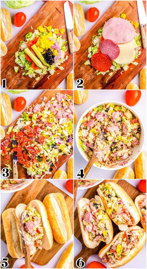 This Chopped Italian Sandwich transforms classic deli favorites into a flavor explosion. Imagine freshly chopped meats, veggies, cheese, and dressing all piled high on a soft sub roll. It's the perfect lunch or dinner that's easy to make and endlessly customizable. Sour Dough Sandwiches, Hearty Sandwiches, Chopped Hoagie Sandwich, Italian Sandwich Chopped, Sub Sandwich Charcuterie Board, Chop Club Sandwich, Salami Sandwich Ideas, Summer Sandwiches Dinners, Easy Summer Sandwiches