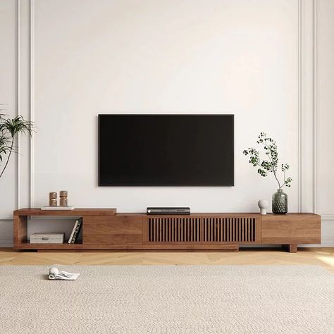 Vodrohome modern Walnut Adjustable TV Console With Storage, Extendable TV Stand for TV 75 inch (after extend – 90 inches) TV#008 Vodrohome Introducing Modern Style Tv Unit Cabinet Is A Beautiful And Unique Tv Unit Which Will Add Style To Your Modern Home. It Is Made In Premium Quality Acacia Wood Which Is Trimmed In A Very Stylish Manner. This Modern Tv Unit Offers A Traditional Design Focused On Contemporary And Simplistic Home Design. In Addition, The Unit Features 2 Beautifully Crafted Com... Tv Unit Dimensions In Inches, Tv Unit Styling, Small Apartment Tv Stand, Unique Tv Unit, Style Tv Unit, Tv Console With Storage, Simplistic Home, Tv Unite, Tv Unit Cabinet