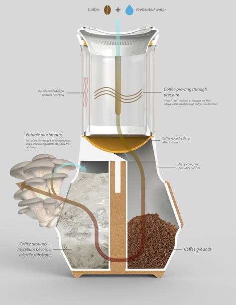 HIFA - Coffee brewing/mushroom growing system. on Behance Leftover Coffee Grounds, Leftover Coffee, Grow Mushrooms, Growing Mushrooms At Home, Bio Design, Mushroom Growing, Pinterest Garden, Mushroom Cultivation, Garden Mushrooms