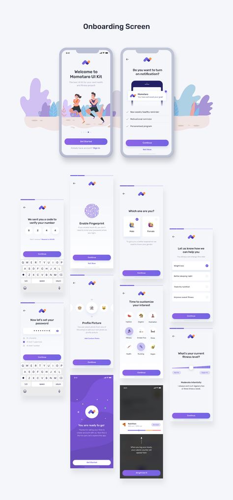 Momotaro Health Fitness Mobile App UI UX Kit on Behance App Mobile Design, Application Ui Design, Desain Ux, To Do App, Interaktives Design, Ui Design Mobile, Ux Kits, Ui Ux 디자인, Visuell Identitet