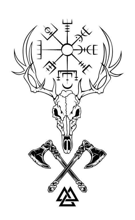 Viking Tattoo Flash, Old Norse Tattoo, Nordic Tattoo Ideas, Viking Skull Art, Payasa Tattoo, Viking Rune Tattoo, Arte Viking, Viking Tattoo Sleeve, Nordic Aesthetic