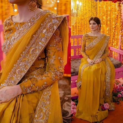 Mehndi Saree, Mayoun Outfit Pakistani Dresses, Unique Haldi Outfits For Bride Pakistani, Mayon Dresses Lehnga, Pakistani Haldi Bride Outfit, Saree For Haldi, Haldi Ceremony Outfit For Bride Pakistani, Unique Mehendi Outfits For Bride, Mayun Dresses Pakistani For Bride