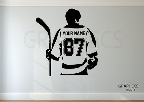 "Personalized Hockey Wall Decal - Choose your own NAME & NUMBERS! Leave us a note on the order or send us a message with the name & numbers! Choose your size: - Extra Small: 16\" width by 18\" height. - Small: 22\" width by 24\" height. - Medium: 27\" width by 30\" height. - Large: 35\" width by 38\" height. - Extra Large: 46\" width by 50\" height.  Also available in many sizes and colors, easy application instructions included. Choose from various colors selected from the drop down menu. Looki Hockey Decals, Basketball Decal, Basketball Wall Decals, Sports Room Decor, Wooden Toy Boxes, Bedroom Organization Storage, Basketball Wall, Vinyl Personalized, Extra Petite