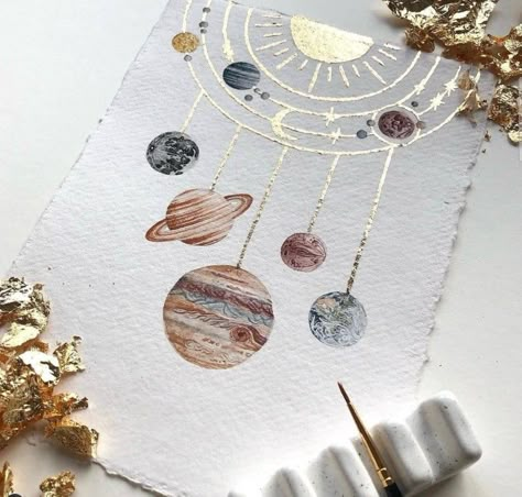 Watercolour Inspiration, Watercolor Inspiration, 그림 그리기, Solar System, Watercolor Illustration, Painting Inspiration, Diy Art, Art Lessons, Gold Foil