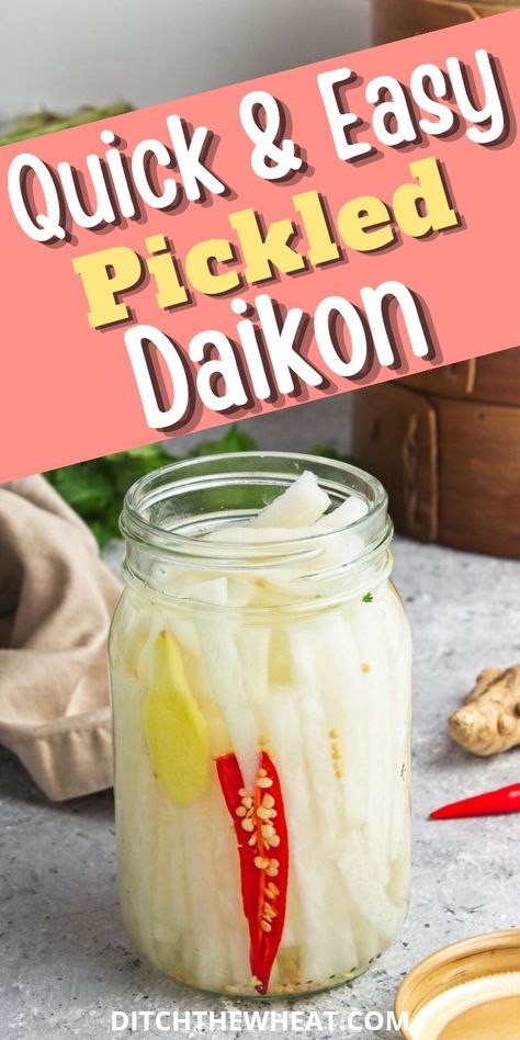 Make your own quick and easy pickled daikon with this delicious daikon radish recipe! Perfect for adding a crunchy, spicy flavor to any dish. This is a great homemade pickled condiment. If you're looking for a spicy pickled recipe give this one a try!    https://www.rfr.bz/pli7979 Pickled Dicon Radish, Pickled Diakon Radish And Carrot, Cheap Asian Recipes, Diakon Recipes, Pickled Daikon Radish Recipes, Daikon Radish Recipes, Pickled Radish Recipe, Pickled Daikon Recipe, Pickled Daikon Radish