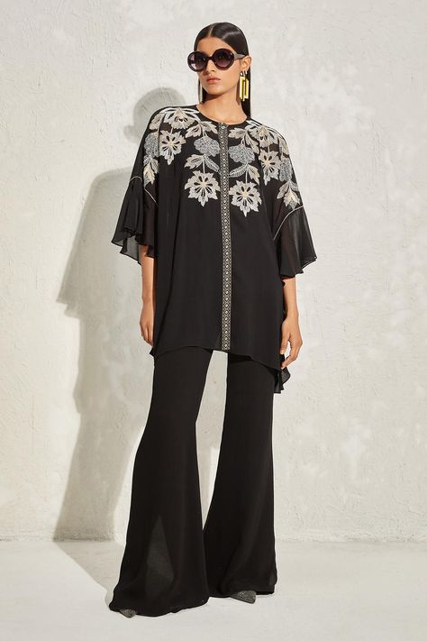 Buy Namrata Joshipura Black Georgette Laurel Frill Sleeve Top And Pant Co-ord Set Online | Aza Fashions Co Ords Outfits Indian, Namrata Joshipura, Kaftan Set, Co Ords Outfits, Kurti Patterns, Elegant Embroidery, Evening Tops, Trendy Fashion Tops, Frill Sleeves