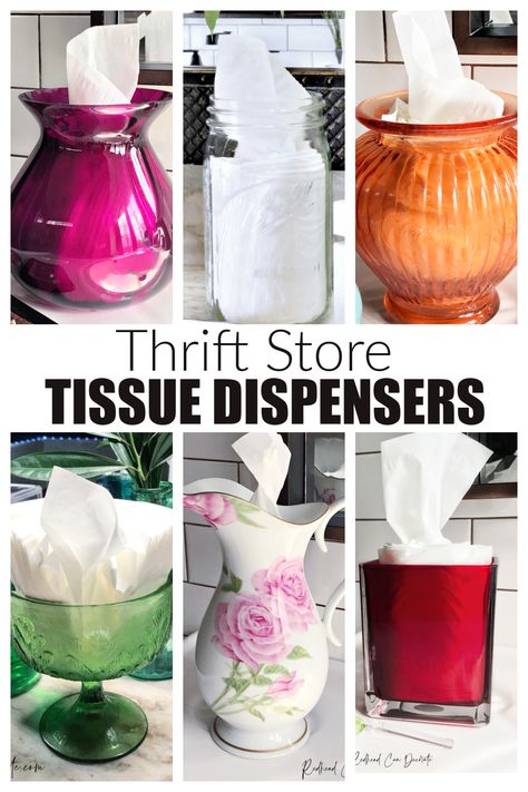 Clever Bathroom Tissue Dispenser Ideas - Redhead Can Decorate Upcycle Tissue Box Ideas, Glass Tissue Holder, Decorative Kleenex Holder, Tissue Holders Diy, Pretty Tissue Holder, Diy Dispenser Ideas, Creative Tissue Holder, Decorative Tissue Box Holder, Tissues In Vase