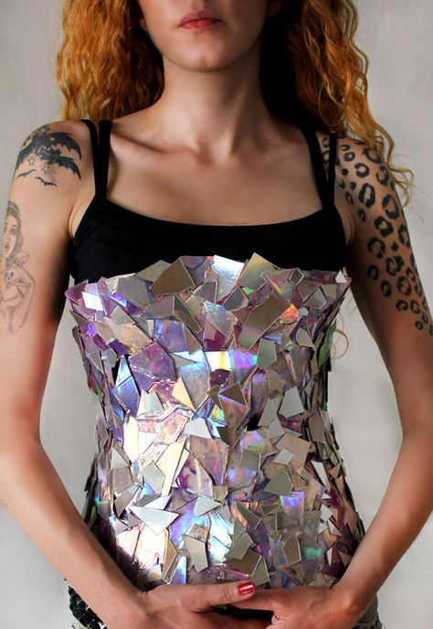 Mirror corset from recycled CDs in fabric diy  with Recycled Mirror fashion DVD CD Recycled Costumes, Recycled Cds, Trash Fashion, Recycled Dress, Fest Outfits, Fashion Mirror, Recycled Fashion, Upcycled Fashion, Fashion Project