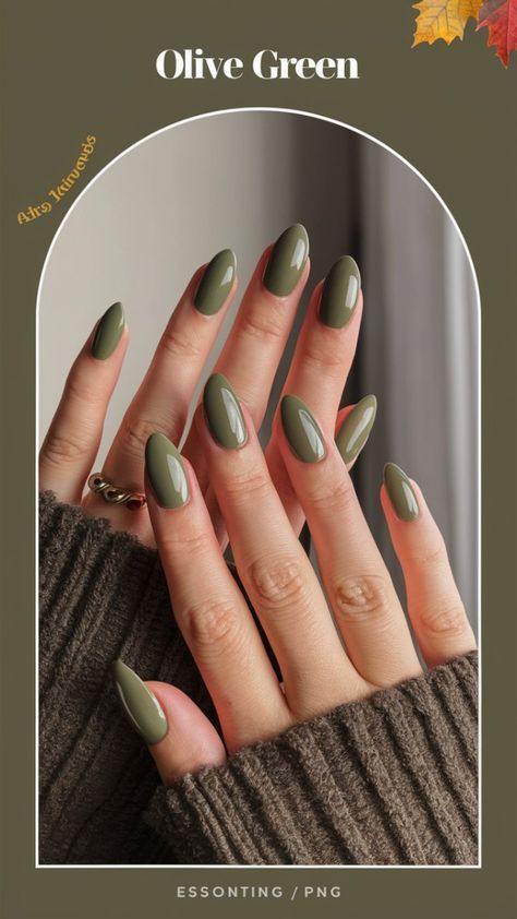 "Need a fall nail refresh? Try this beautiful moss green shade! 🍂 A perfect balance of sleek and seasonal. #MossGreenVibes #FallBeauty #NailGoals" Autumn Color For Nails, Autumnal Green Nails, Fall Colors Nails 2024, Fall To Winter Transition Nails, Green Fall Color Nails, Autumn Nails 2024 Green, Muted Autumn Nails, September Green Nails, Fall Nails 2024 Green