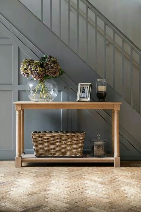 Stairs painted in charcoal Neptune Hallway, Hallway Inspiration, Hallway Designs, Hal Decor, Stair Case, Entryway Console Table, Timber Furniture, Entertainment Center Decor, Entryway Console