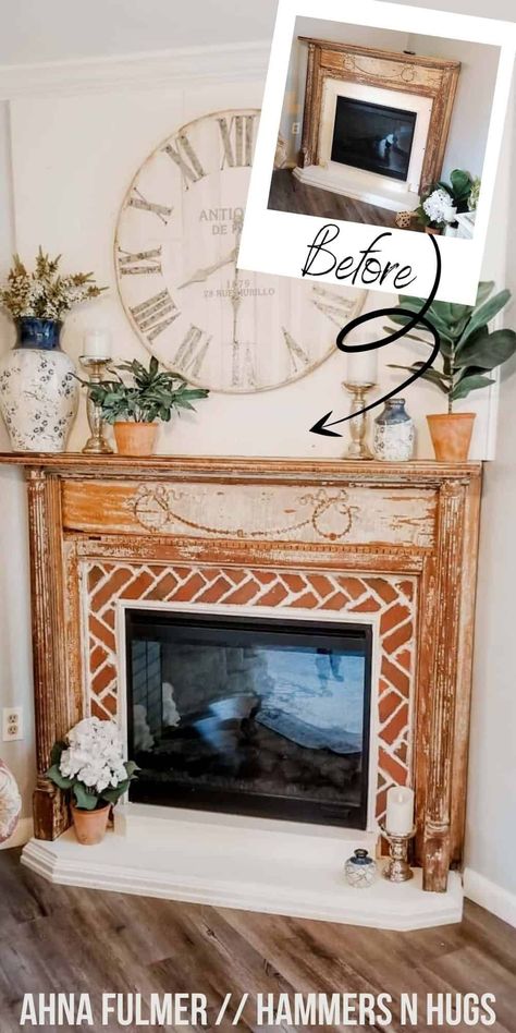 Enjoy the before and afters of this renovation and consider using this French Country vintage fireplace mantel idea! Tap on this pin to get this DIY tutorial and more with Ahna Fulmer // HammersNHugs.com. #frenchcountry #vintage #fireplace #mantel Diy Basement Decor, French Country House Decor, French Country Living Room Ideas, Modern French Country Decorating, Reclaimed Fireplace, Country Living Room Ideas, Kitchen French Country, Farmhouse Fireplace Mantels, French Country Decorating Bedroom