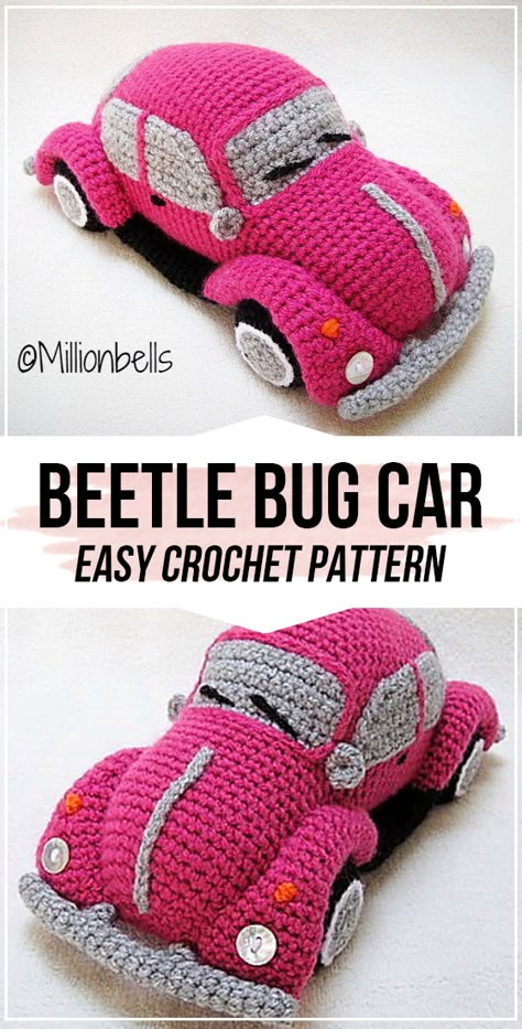 crochet Beetle Bug Classic Retro Car pattern - easy crochet car pattern for beginners Crochet Beetle, Beetle Bug Car, Crochet Hats For Boys, Crochet Cocoon, Bug Car, Crochet Toys Free Patterns, Crochet Mask, Car Pattern, Crochet Toys Free